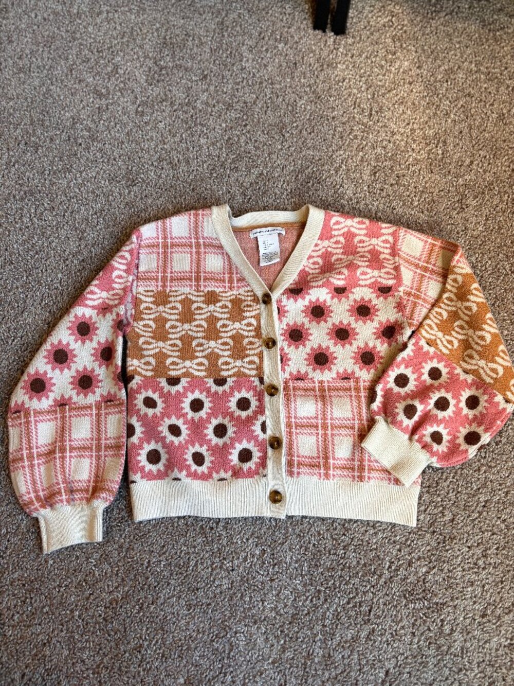 Cupcakes and Cashmere Girls Cardigan Size 7 Pink Floral Patchwork Knit Sweater